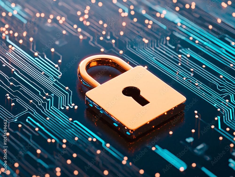 Poster a high-tech computer screen showing a locked digital padlock symbol, bright neon blue lines represen