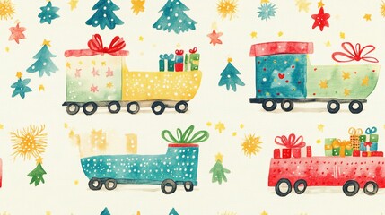 Watercolor Christmas Train Pattern   Gift Delivery  Festive Holiday Background