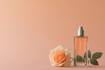Elegant minimalist arrangement featuring a rose and a perfume bottle on a soft pastel backdrop
