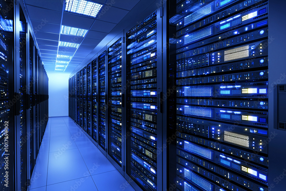 Poster server racks with digital padlocks securing each unit, glowing lights and circuits visible, dark tec