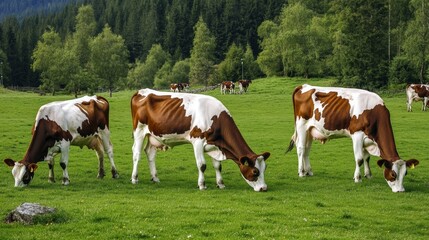 Obraz premium Charming Cows Grazing in Lush Green Pasture: A Serene Rural Landscape