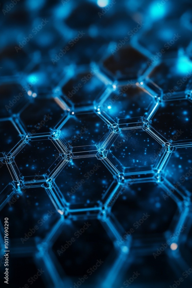 Poster abstract representation of interconnected hexagonal patterns with glowing blue elements in a dark ba
