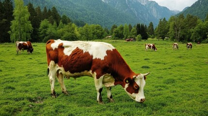Scenic Pastureland with Grazing Cows Amidst Majestic Mountains