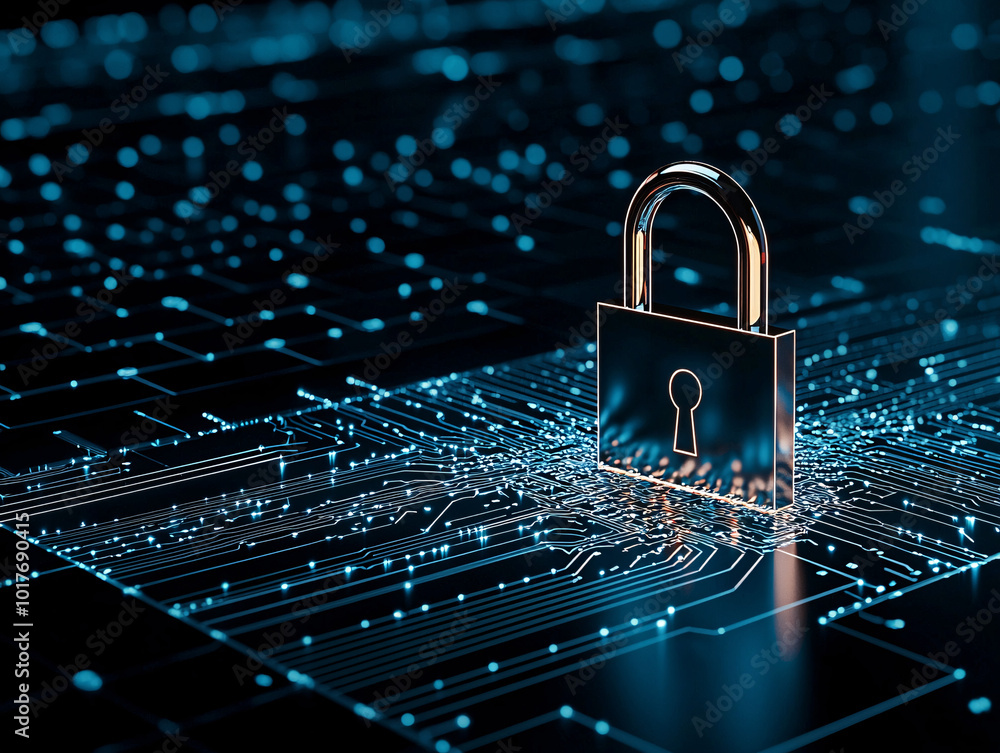 Poster digital padlock integrated into a laptop screen, high-tech encryption running in the background, dat