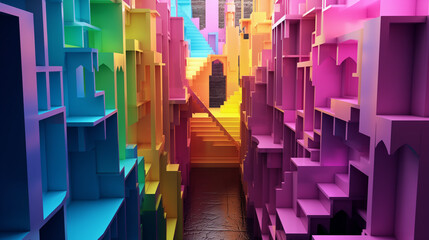 Colorful intricate stairs. Abstract shapes mazes is similar to the Squid Game