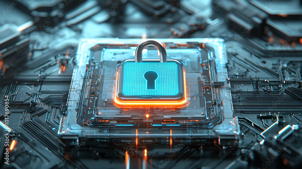 Aufkleber a digital padlock securing a sleek modern laptop, glowing screen with encrypted code, futuristic tec