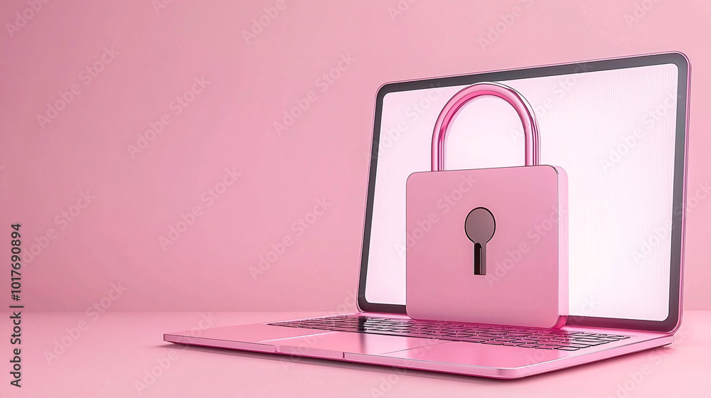Poster a digital padlock securing a sleek modern laptop, glowing screen with encrypted code, futuristic tec