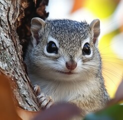 Curious gray squirrel peeking from behind a tree trunk in a vibrant autumn forest