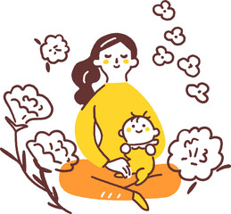 膝に抱っこされている赤ちゃんとそれを見守る母親　ストックイラスト素材	
