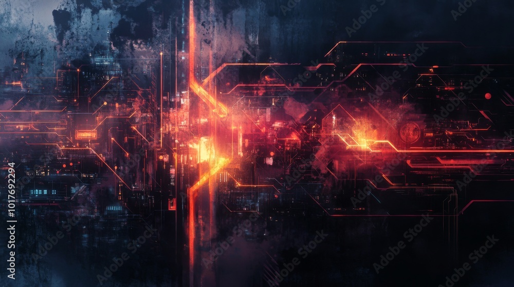 Poster abstract glowing red and orange lines on a dark background