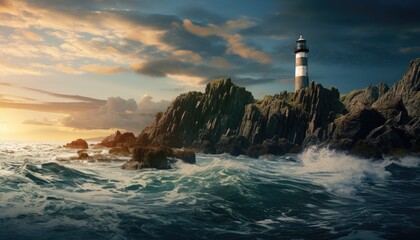 Lighthouse on rock and calm seas, created using technology