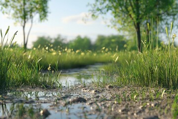 Naklejka premium Tranquil stream meandering through lush green grass under a bright morning sky