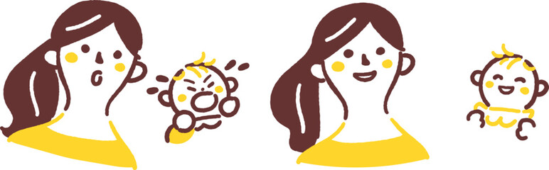 笑顔の母親と赤ちゃん　泣きだす赤ちゃんと驚く母親　セットのストックイラスト素材
