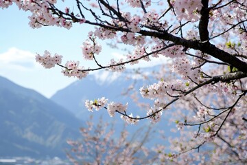 Obraz premium Blossoming cherry trees against a backdrop of majestic mountains on a sunny spring day