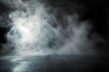 Fog in a dark room. Smoke in an empty studio room. Horror scene with smog. Wallpaper for halloween or car design