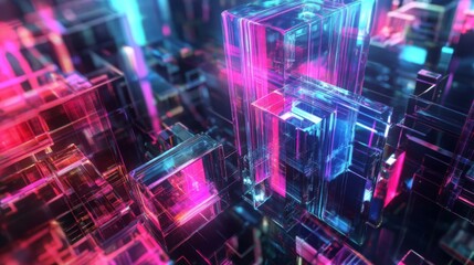 Abstract Cityscape of Interlocking Glass Cubes Illuminated with Neon Lights