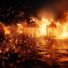 Obraz premium Image of Fire Sprinklers Spraying with fire background. Fire sprinklers are part of an overall safety protocol for fire and life safety