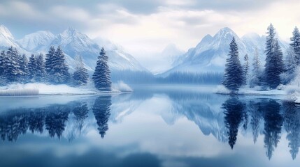 Fototapeta premium Beautifully Calm Lake, Reflecting Majestic Snowy Mountains. Winter Background. 