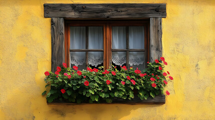 Yellow House with Red Flowers and Window.