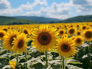 Fototapeta premium A field of bright yellow sunflowers basking in the sunshine. The sunflowers are in full bloom, their petals unfurling towards the sky.