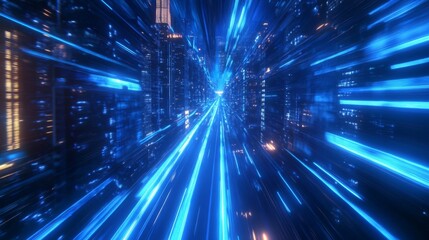 Futuristic Cityscape with Glowing Blue Lines