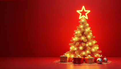Christmas tree card template with red background Xmas winter holidays card with fir and golden balls Generated AI
