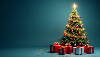 Fototapeta premium Artistic beautiful christmas decorative tree card on blue background