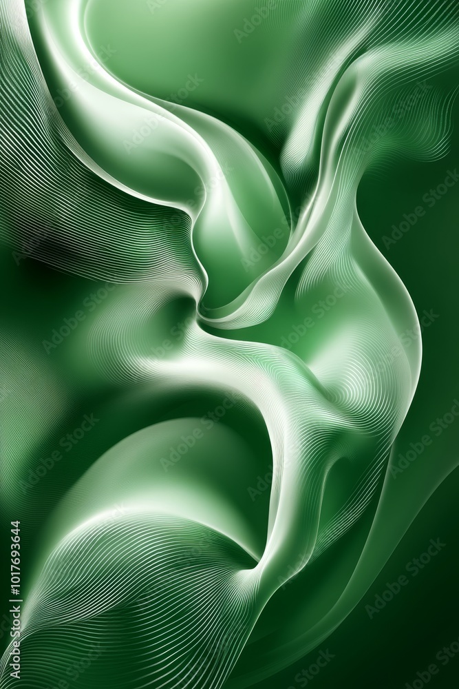 Poster abstract green waves intertwining to create a flowing texture, showcasing soft curves and light grad