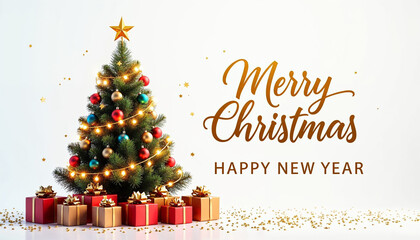 Fototapeta premium hristmas tree shining brightly with a star at its peak glittering light and an array of gift boxes wrapped in luxurious in white background