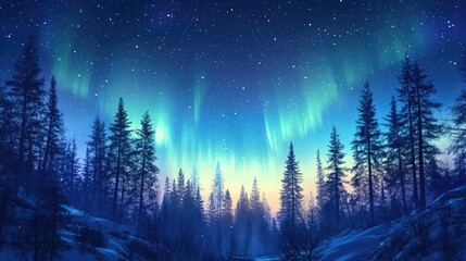 Fototapeta premium The magical winter forest illuminated by the northern lights