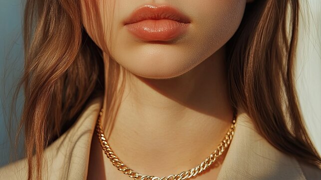 Close up of woman's neck with chain. Perfect for showcasing jewelry, fashion, or beauty products.