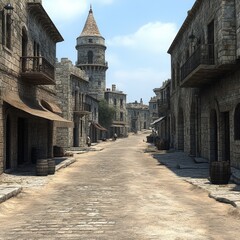 A tranquil afternoon stroll through a medieval stone village along a sunlit cobblestone street