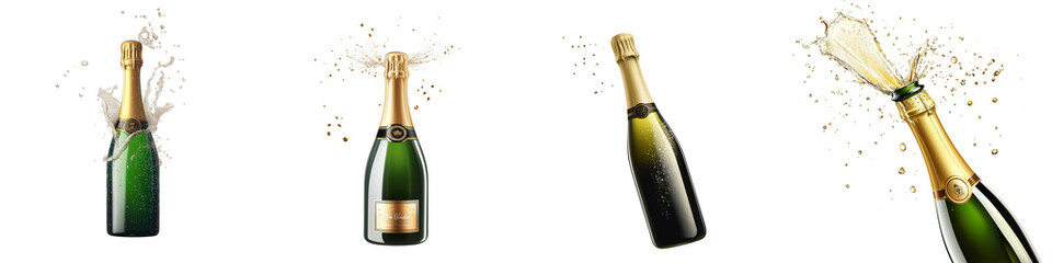 Set of a champagne bottle popping open for New Year’s Eve celebration, isolated on a transparent background.