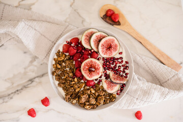 A bowl of yogurt with pomegranate seeds, figs, raspberries and granola