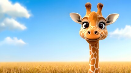 Naklejka premium Playful Giraffe in Vibrant Meadow, A whimsical cartoon giraffe stands tall amidst lush green grass and colorful wildflowers under a bright blue sky.