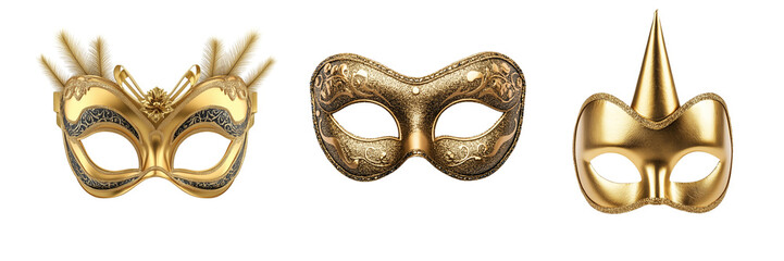 Set of a gold New Year&rsquo;s Eve party mask, isolated on a transparent background.