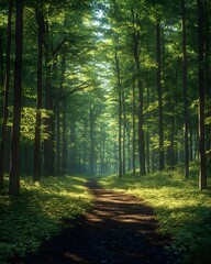 Obraz premium A winding path leads through a lush green forest, sunlight filtering through the dense canopy, creating a serene and magical atmosphere.