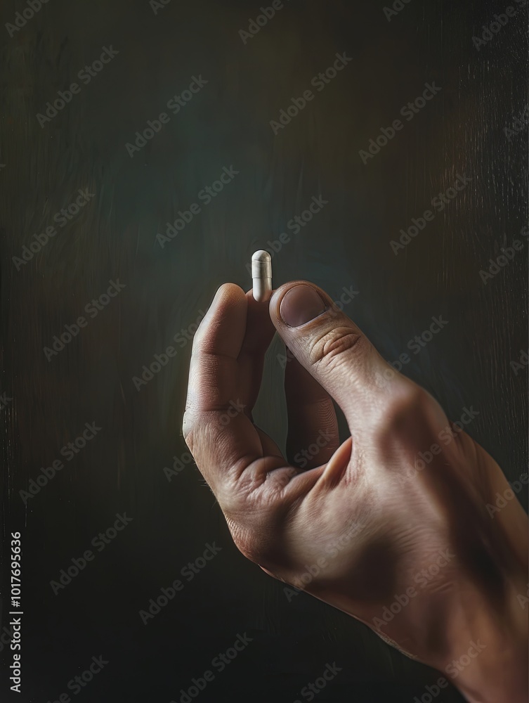 Poster a hand gracefully holds a small white capsule, illuminated softly, surrounded by a dark background t