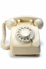 A vintage beige rotary phone sits isolated on a white background.
