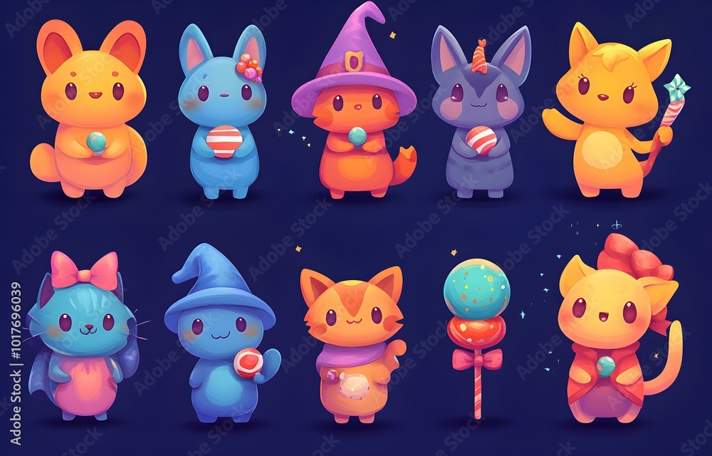 Poster Charming Character Design Collection, a vibrant array of whimsical characters showcasing unique styles and playful expressions, perfect for animation inspiration.