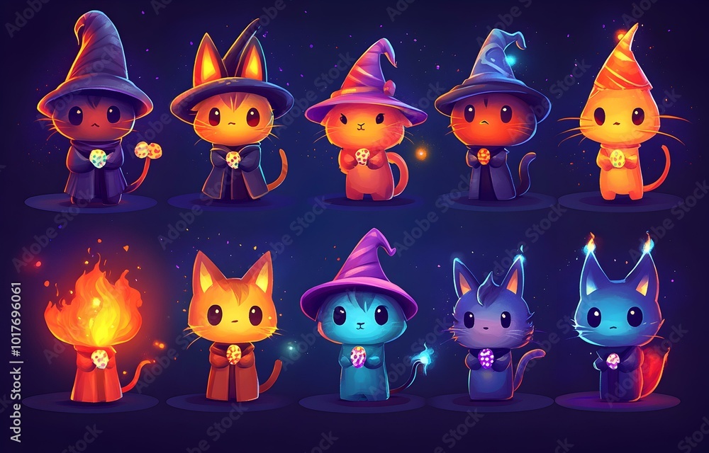 Poster charming character design collection, featuring a variety of whimsical and colorful characters with 