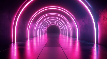 Neon Pink Archway Tunnel with Glowing Light and Reflective Floor