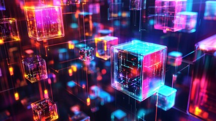 Abstract 3D Render of Glowing Cubes in a Network