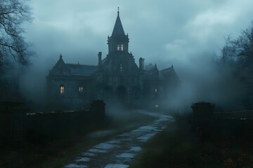 Obraz premium A foggy night at an eerie gothic castle surrounded by mystery. Generative AI