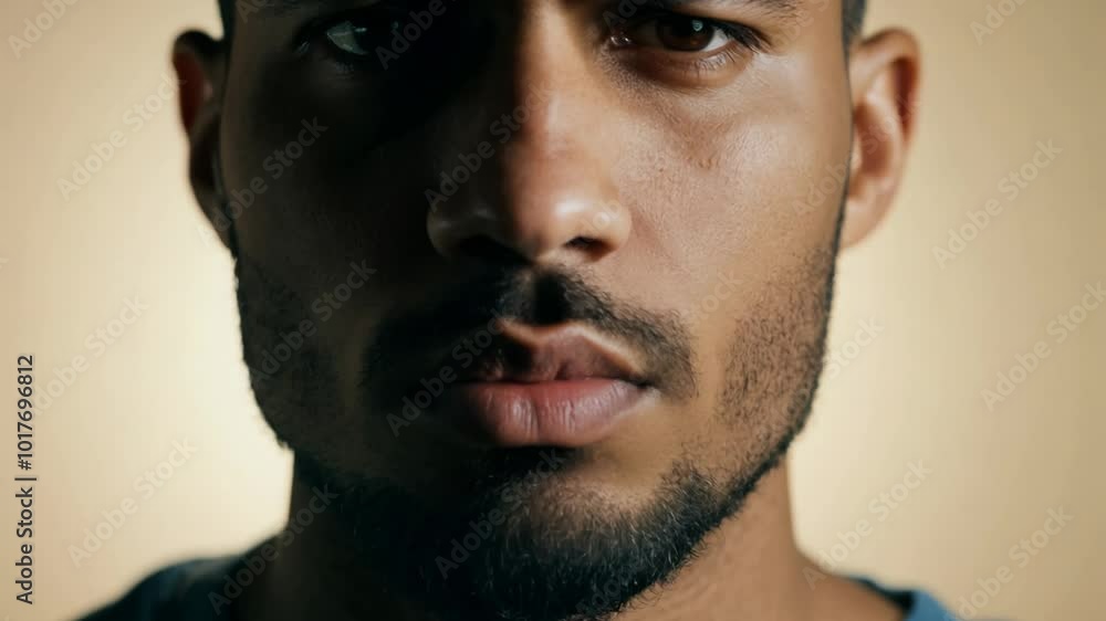 Poster close-up video of a determined middle-eastern man with a trimmed beard, static camera, soft diffused