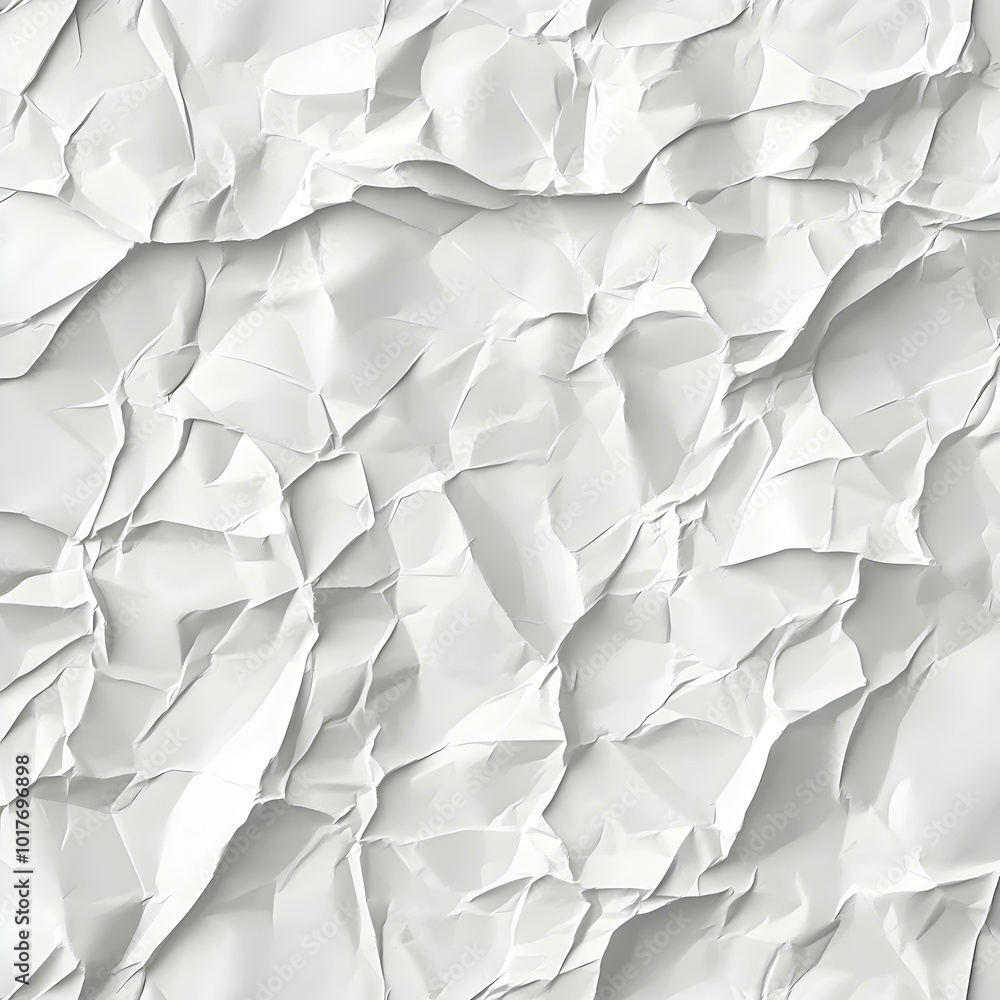 Poster crumpled white paper surface, showcasing intricate textures and folds, creating a dynamic visual exp