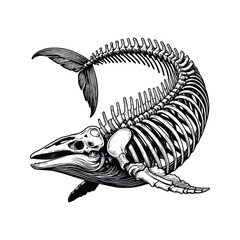 Whale skeleton line art, hand drawn in a black and white vector style