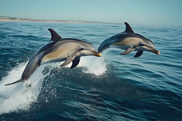 Two dolphins leap from the water, their sleek bodies catching the sunlight as they gracefully soar through the air.