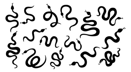 set silhouettes of wild snakes. Symbol of 2025. Ink silhouette for design. Vector illustration isolated on white background