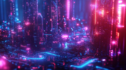 Fototapeta premium Glowing Cyber Cityscape with Neon Lights and Towering Buildings